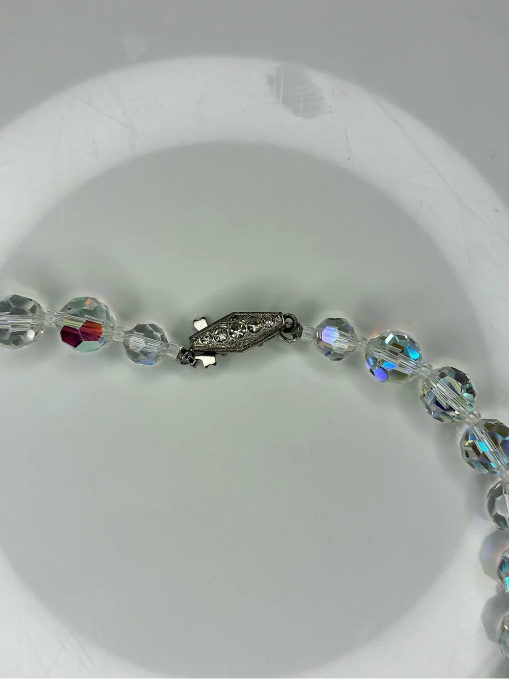 Aurora Faceted Crystal Beaded Necklace Clear Iridescent Classic Timeless Retro